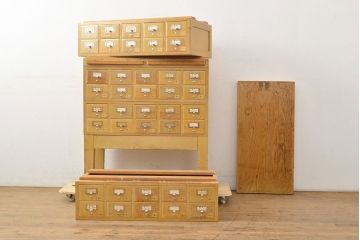 レトロ家具　昭和レトロ　KIHARA　小物収納にうってつけのナラ材製ネームプレート付きカードケース(引き出し、チェスト、図書館、図書室)(R-050547)