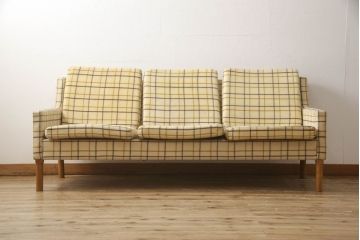 北欧ヴィンテージ　デンマーク家具　FRITZ HANSEN(フリッツハンセン)　チェック柄が可愛い、ほっこりした空間づくりにおすすめの3人掛けソファ(三人掛け、ビンテージ)(R-050607)
