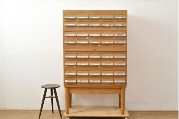 【簡易リペア限定品】和製ヴィンテージ　昭和レトロ　KIHARA　ナチュラルスタイルの収納におすすめのナラ材製ネームプレート付きカードケース(引き出し、チェスト、ビンテージ、図書館、図書室)(R-050611)
