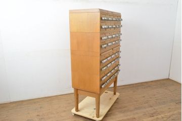 和製ヴィンテージ　昭和レトロ　KIHARA　ナチュラルスタイルの収納におすすめのナラ材製ネームプレート付きカードケース(引き出し、チェスト、ビンテージ、図書館、図書室)(R-050611)
