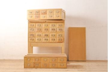 【簡易リペア限定品】レトロ家具　昭和レトロ　KIHARA　小物収納にうってつけのナラ材製ネームプレート付きカードケース(引き出し、チェスト、図書館、図書室)(R-050615)