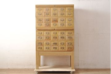 レトロ家具　昭和レトロ　KIHARA　小物収納にうってつけのナラ材製ネームプレート付きカードケース(引き出し、チェスト、図書館、図書室)(R-050615)