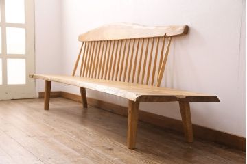 中古　手造り家具　頑固おやじ製　総栗無垢材　芸術品のような存在感のあるコノイドベンチ風木製ベンチ(長椅子、板座チェア)(R-050617)