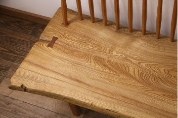 中古　手造り家具　頑固おやじ製　総栗無垢材　芸術品のような存在感のあるコノイドベンチ風木製ベンチ(長椅子、板座チェア)(R-050617)