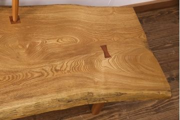 中古　手造り家具　頑固おやじ製　総栗無垢材　芸術品のような存在感のあるコノイドベンチ風木製ベンチ(長椅子、板座チェア)(R-050617)