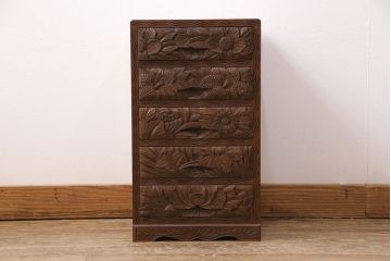 中古　伝統工芸　日光彫り　華やかな花の意匠が目を惹く小引き出し(小物収納、卓上収納)(R-050619)