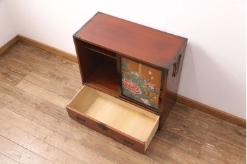 和製アンティーク　明治期　湘城　妻一離?作　日本の美が感じられる、牡丹図が美しい時代戸棚(板絵、湖城、収納棚、時代箪笥)(R-050623)