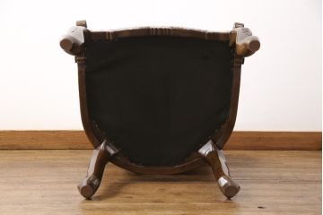 中古　極美品　タガヤサン　三越百貨店取扱い　細かな彫刻が見事な本革アームチェア(ダイニングチェア、椅子)(定価約36万円)(R-050656)