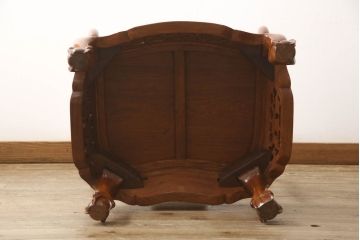 中古　極美品　三越百貨店取扱い品　高級カリン材　美しい彫り装飾が目を引くアームチェア(板座チェア、椅子、花梨材)(定価約20万円)(R-050659)
