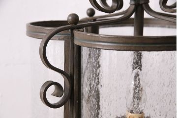 ビンテージ照明　高級品!　ロートアイアンフレームと気泡ガラスがおしゃれな天井照明(吊り下げ照明、シャンデリア、シェード、ヴィンテージ)(R-050688)