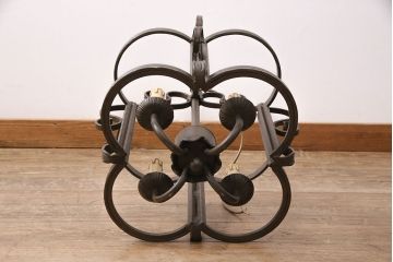 ビンテージ照明　高級品!　ロートアイアンフレームと気泡ガラスがおしゃれな天井照明(吊り下げ照明、シャンデリア、シェード、ヴィンテージ)(R-050688)