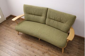中古　2015年製　柏木工　オーク材　柔らかなグリーンの色味が素敵な3人掛けソファ(ODA73)&丸スツール(SLS85A)セット(定価合わせて約35万円)(3P、オットマン)(R-050689)
