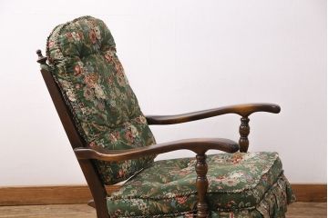 中古　飛騨産業　キツツキ　穂高　WINDSOR　クラシカルな花柄ファブリックが印象的なナラ材製ロッキングチェア(アームチェア、アームソファ)(R-050691)