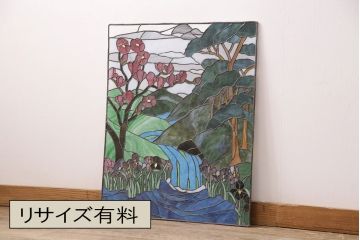 和製ヴィンテージ　国産　日本の趣のある風景が描かれたステンドグラス(明り取り、ビンテージ)(R-050734)