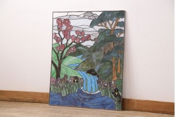 和製ヴィンテージ　国産　日本の趣のある風景が描かれたステンドグラス(明り取り、ビンテージ)(R-050734)