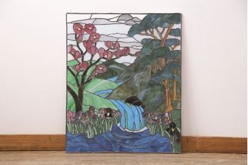 和製ヴィンテージ　国産　日本の趣のある風景が描かれたステンドグラス(明り取り、ビンテージ)(R-050734)