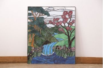 和製ヴィンテージ　国産　日本の趣のある風景が描かれたステンドグラス(明り取り、ビンテージ)(R-050734)