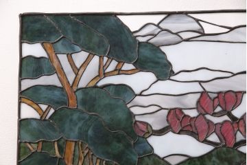 和製ヴィンテージ　国産　日本の趣のある風景が描かれたステンドグラス(明り取り、ビンテージ)(R-050734)