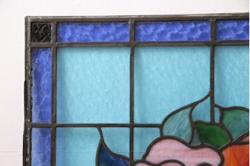 和製アンティーク　国産　華やかな花の図柄が存在感を放つステンドグラス2枚セット(明り取り、窓)(R-050736)