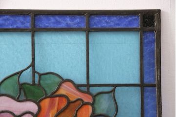 和製アンティーク　国産　華やかな花の図柄が存在感を放つステンドグラス2枚セット(明り取り、窓)(R-050736)