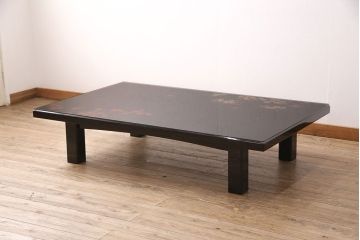 中古　山本幸三郎作　輪島塗　ガラス天板付き　紅葉と桜の図　和の情緒あふれる座卓(ローテーブル)(R-050753)