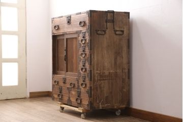 和製アンティーク かくし付き 古い木の風合いが魅力!上質な金具が使われている上手物の総桐帳場箪笥(時代箪笥、収納棚、引き出し)(R-050754)