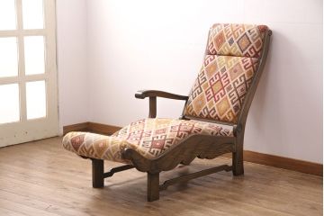 中古　美品　神戸洋家具　ニレ材と和柄のファブリックが温かい雰囲気を醸し出すカウチソファ(1人掛け、アームソファ、長椅子)(定価約45万円)(R-050760)