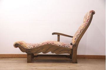 中古　美品　神戸洋家具　ニレ材と和柄のファブリックが温かい雰囲気を醸し出すカウチソファ(1人掛け、アームソファ、長椅子)(定価約45万円)(R-050760)