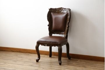中古　極美品　タガヤサン　三越百貨店取扱い　細かな彫刻が見事な存在感のある本革チェア(ダイニングチェア、椅子)(R-050762)