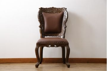 中古　極美品　タガヤサン　三越百貨店取扱い　細かな彫刻が見事な存在感のある本革チェア(ダイニングチェア、椅子)(R-050762)