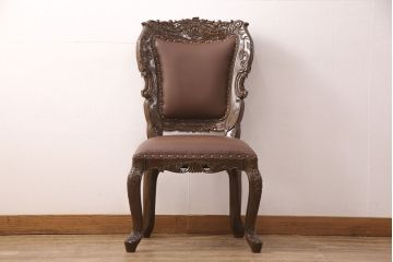 中古　極美品　タガヤサン　三越百貨店取扱い　細かな彫刻が見事な存在感のある本革チェア(ダイニングチェア、椅子)(R-050763)