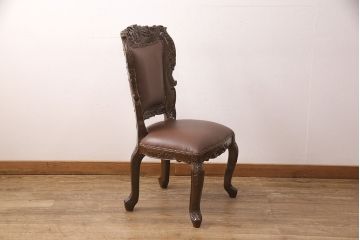 中古　極美品　タガヤサン　三越百貨店取扱い　細かな彫刻が見事な存在感のある本革チェア(ダイニングチェア、椅子)(R-050763)