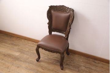 中古　極美品　タガヤサン　三越百貨店取扱い　細かな彫刻が見事な存在感のある本革チェア(ダイニングチェア、椅子)(R-050763)