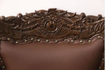 中古　極美品　タガヤサン　三越百貨店取扱い　細かな彫刻が見事な存在感のある本革チェア(ダイニングチェア、椅子)(R-050763)