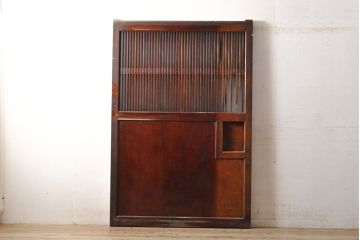 和製アンティーク　総ケヤキ材　レア!腰板に玉杢を使用した、贅沢なつくりが魅力の格子蔵戸(建具、引き戸、玄関戸)(R-050773)