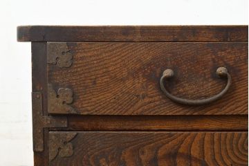 アンティーク家具　明治期　総ケヤキ材　希少!くっきりした木目が目を引く変わり型帳場箪笥(置き床、ローボード、ローチェスト、船箪笥、知工箪笥、引き出し)(R-050820)