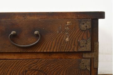 アンティーク家具　明治期　総ケヤキ材　希少!くっきりした木目が目を引く変わり型帳場箪笥(置き床、ローボード、ローチェスト、船箪笥、知工箪笥、引き出し)(R-050820)