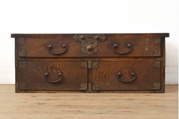 アンティーク家具　明治期　総ケヤキ材　希少!くっきりした木目が目を引く変わり型帳場箪笥(置き床、ローボード、ローチェスト、船箪笥、知工箪笥、引き出し)(R-050820)