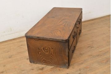 アンティーク家具　明治期　総ケヤキ材　希少!くっきりした木目が目を引く変わり型帳場箪笥(置き床、ローボード、ローチェスト、船箪笥、知工箪笥、引き出し)(R-050820)