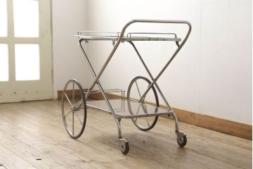 ビンテージ家具　レトロ家具　レア!大きな車輪が印象的な折り畳みのできるキャスターワゴン(トロリー、キッチンワゴン、ヴィンテージ)(R-050823)