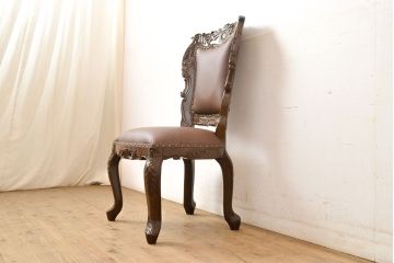 中古　極美品　タガヤサン　三越百貨店取扱い　細かな彫刻が見事な存在感のある本革チェア(ダイニングチェア、椅子)(R-050827)