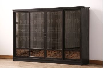 ラフジュ工房オリジナル　古建具リメイク　和モダンな空間づくりにおすすめ!組子引き戸が和の風情を高める書院収納棚(本箱、本棚、書棚、戸棚)(R-050880)