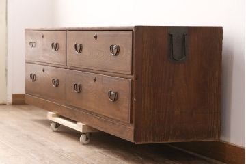 和製アンティーク　前面ケヤキ　シンプルな佇まいの中に美しい杢目が映えるローチェスト(ローボード、テレビ台、引き出し)(R-050884)