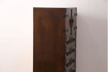 中古　国産民芸家具　観音開き戸付き　人気の縦型!スリムなサイズでお部屋に取り入れやすい収納箪笥(立長箪笥、引き出し、サイドチェスト)(R-050896)