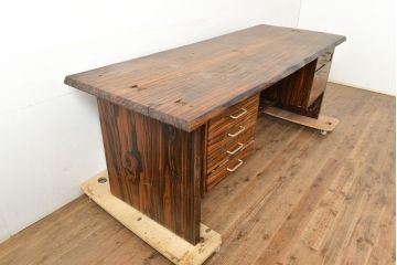 和製ヴィンテージ　ビンテージ家具　激レア品　希少品!縞黒檀材の無垢材を使用した贅沢な両袖机(プレジデントデスク、ワークデスク、在宅ワーク、在宅用)(R-050911)