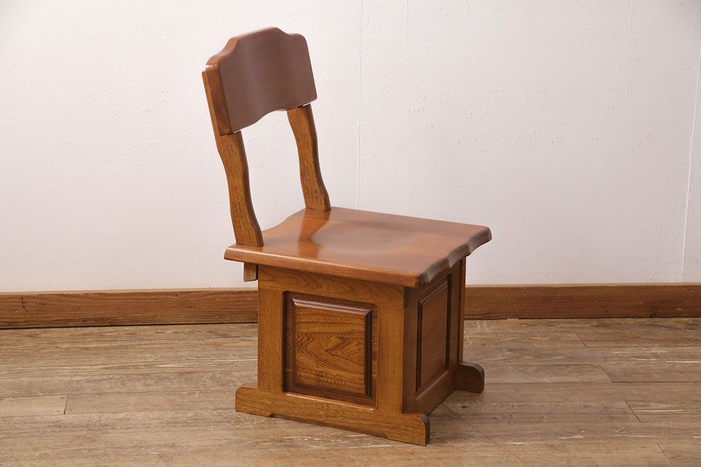 中古　伝統木芸士　石橋武士作　ケヤキ材　上質な和の空間づくりに活躍する1人掛けベンチ(チェア・椅子)(定価7万8千円)(R-050970)