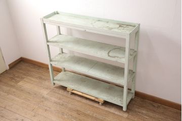 アンティーク家具　昭和初期　爽やかなミントカラーが魅力のオープンラック(飾り棚、陳列棚、飾り台、店舗什器、本棚)(R-051010)