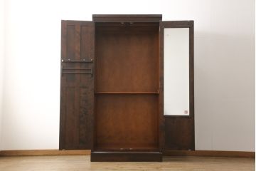 中古　北海道民芸家具　姿見付き　ポールの高さを変えられて便利!濃淡の木色が魅力的なワードローブ(洋服タンス)(R-051056)