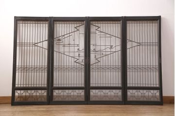 ラフジュ工房オリジナル　古建具リメイク　風景を模した格子が和の情緒を高める書院収納棚(本箱、本棚、書棚、戸棚)(R-051091)