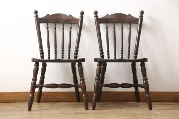 中古　松本民芸家具　16型スピンドルチェア　ゆったりと座れるダイニングチェア2脚セット(板座チェア、椅子)(R-051092)